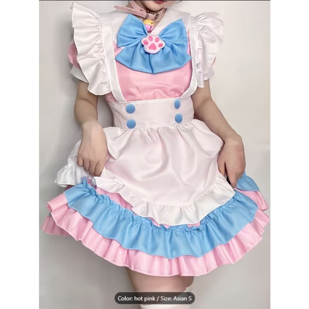 Kawaii Pink Blue Cat Maid Dress Costume w/ Apron & Bow – Cosplay Style – Asian L